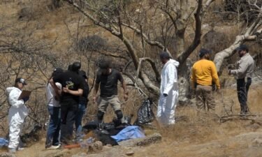 Forensic experts work with several bags of human remains extracted from the bottom of a ravine by a helicopter