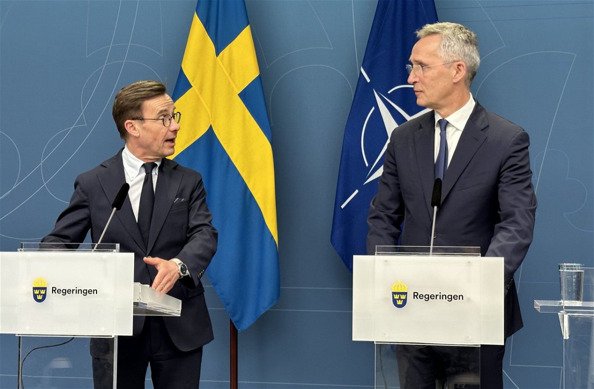 <i>Atila Altuntas/Anadolu Agency/Getty Images/File</i><br/>Swedish PM Ulf Kristersson (left) and NATO Secretary-General Jens Stoltenberg hold a press conference in Stockholm on March 7. The decision to allow a mosque-burning protest may threaten Sweden's chances of joining NATO