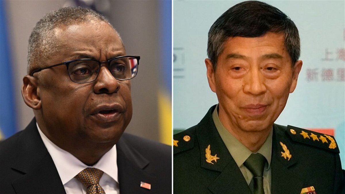 <i>Getty Images/AP</i><br/>Defense Secretary Lloyd Austin and China's Minister of National Defense Li Shangfu are pictured here in a split image.