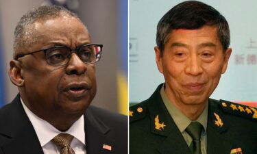 Defense Secretary Lloyd Austin and China's Minister of National Defense Li Shangfu are pictured here in a split image.