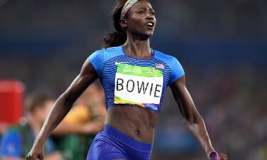 Tori Bowie of the United States crosses the finish line to win the 4x100m relay final at the 2016 Olympic Games in Rio de Janeiro.