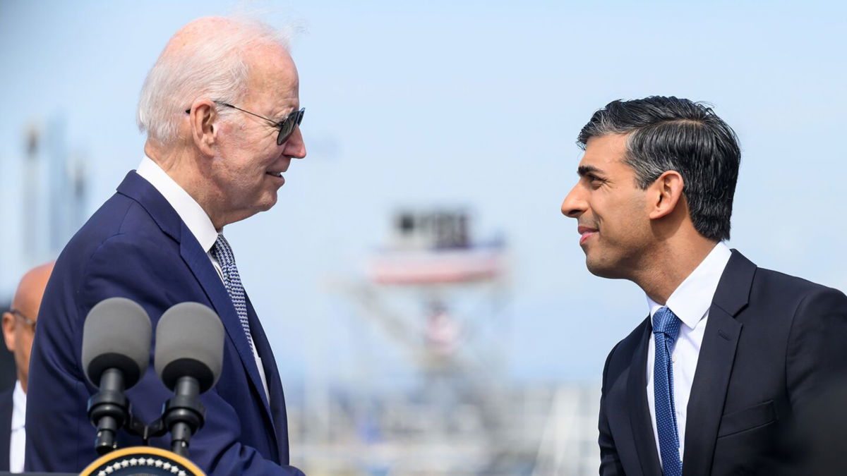 <i>Leon Neal/Getty Images</i><br/>President Joe Biden (left) shakes hands with British Prime Minister Rishi Sunak during a press conference after a trilateral meeting during the AUKUS summit on March 13 in San Diego