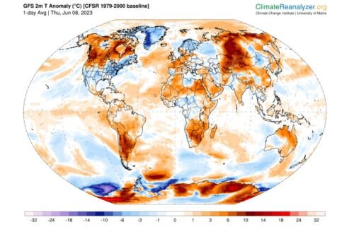 A temperature anomaly map showing warmer than usual temperatures over parts of Asia is seen here.