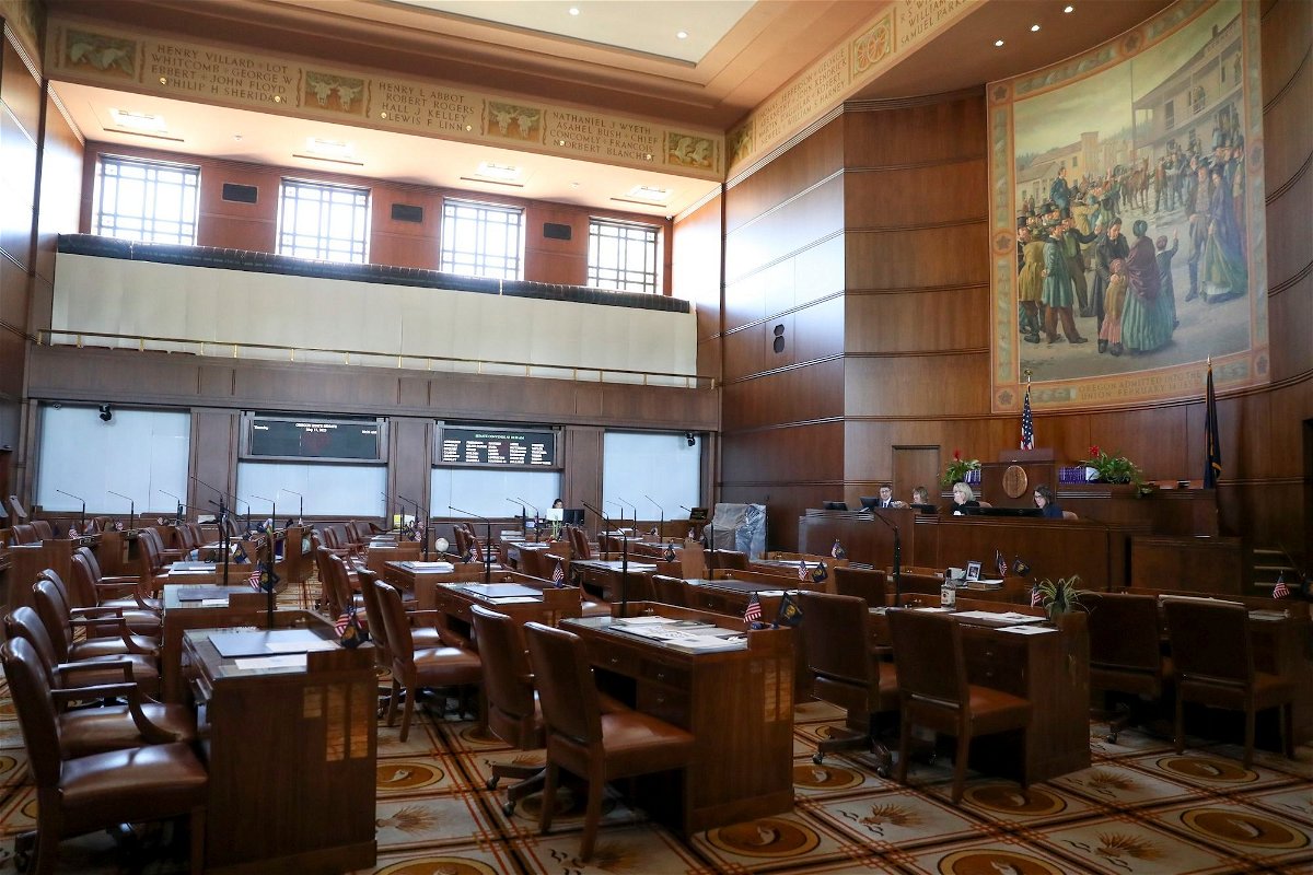 <i>Amanda Loman/AP/FILE</i><br/>Empty chairs are shown in the Senate chambers prior to a legislative session at the Oregon State Capitol in Salem