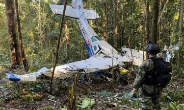 A soldier stands next to the wreckage of a plane during the search for child survivors from a Cessna 206 plane that crashed in the jungle more than two weeks ago in the jungles of Caqueta