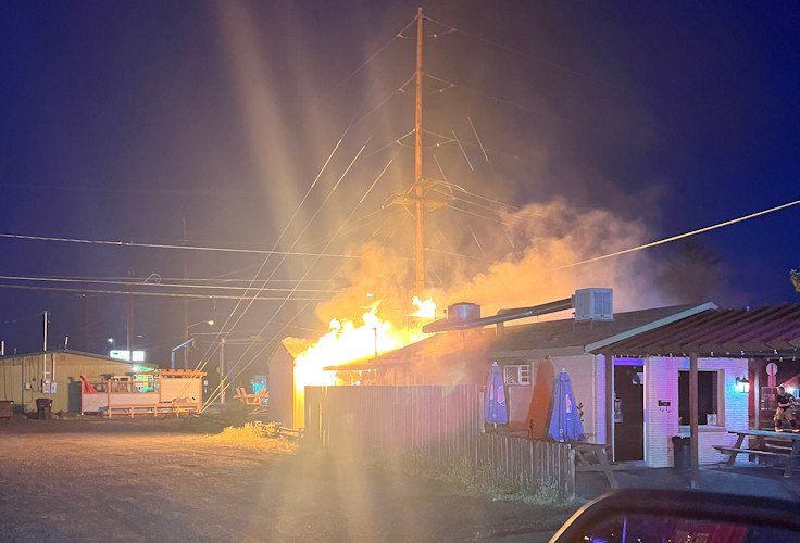 Flames come from Jody's Drive-Inn Restaurant in Redmond early Wednesday morning