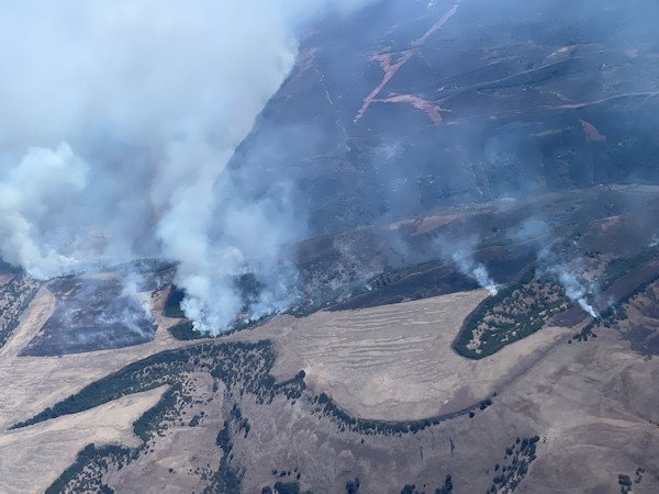 Aerial view Saturday of the Newell Road Fire in Klickitat County, Wash.