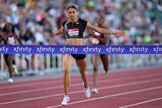 Sydney McLaughlin-Levrone crosses the finish line to win the women's 400 meter final during the U.S. track and field championships in Eugene on Saturday