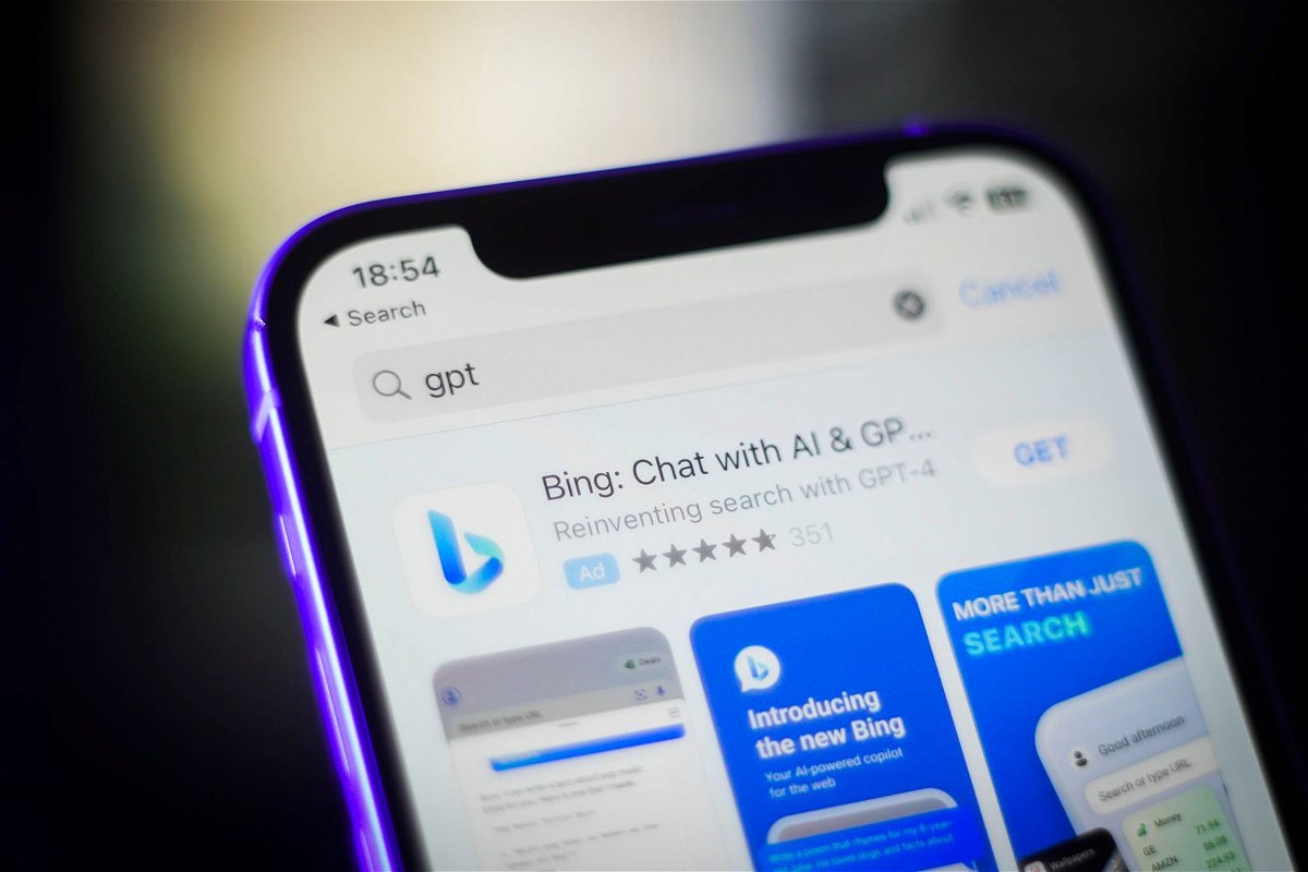 The Bing app is pictured here in the Apple App Store. Microsoft on Tuesday announced a more secure version of its AI-powered Bing.