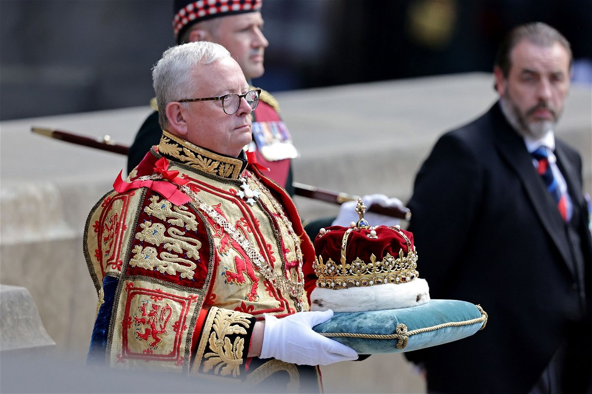 <i>Chris Jackson/Getty Images</i><br/>A general view of the Scottish Crown Jewels being carried ahead of a national service of thanksgiving and dedication to the coronation of King Charles III and Queen Camilla at St Giles' Cathedral on July 5 in Edinburgh