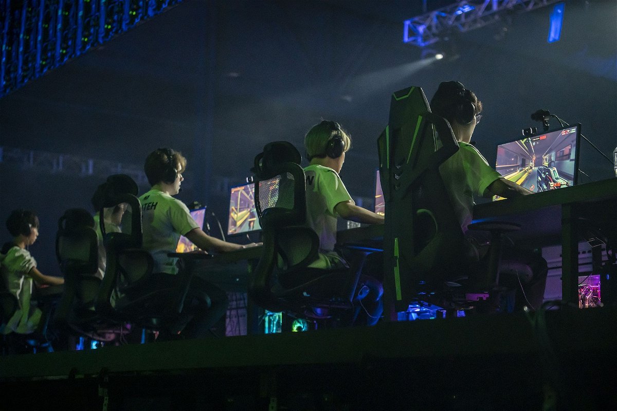 Members of the Houston Outlaws team play Overwatch during the Activision Blizzard Inc. Overwatch League 'Battle For Texas' tournament at Tech Port Arena in San Antonio