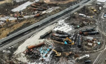 An aerial photo made with a drone shows damaged railroad tank cars scattered about as cleanup continues in the aftermath of a Norfolk Southern freight train derailment that has created concern by residents over the release of toxic chemicals in East Palestine