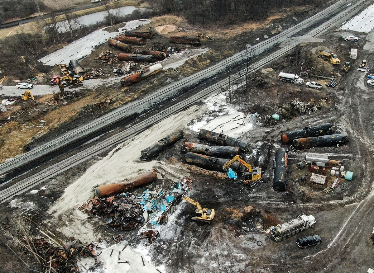 <i>Tannen Maury/EPA-EFE/Shutterstock</i><br/>An aerial photo made with a drone shows damaged railroad tank cars scattered about as cleanup continues in the aftermath of a Norfolk Southern freight train derailment that has created concern by residents over the release of toxic chemicals in East Palestine