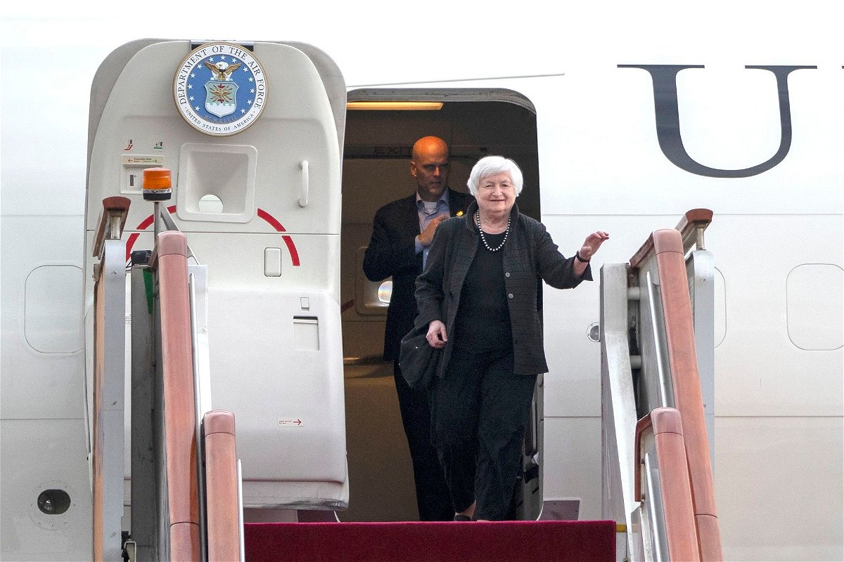 <i>Mark Schiefelbein/AP</i><br/>Treasury Secretary Janet Yellen arrives at Beijing Capital International Airport in Beijing