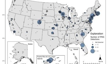 This USGS map shows the number of PFAS detected in tap water samples from select sites across the nation. The findings are based on a USGS study of samples taken between 2016 and 2021 from private and public supplies at 716 locations. The map does not represent the only locations in the US with PFAS.