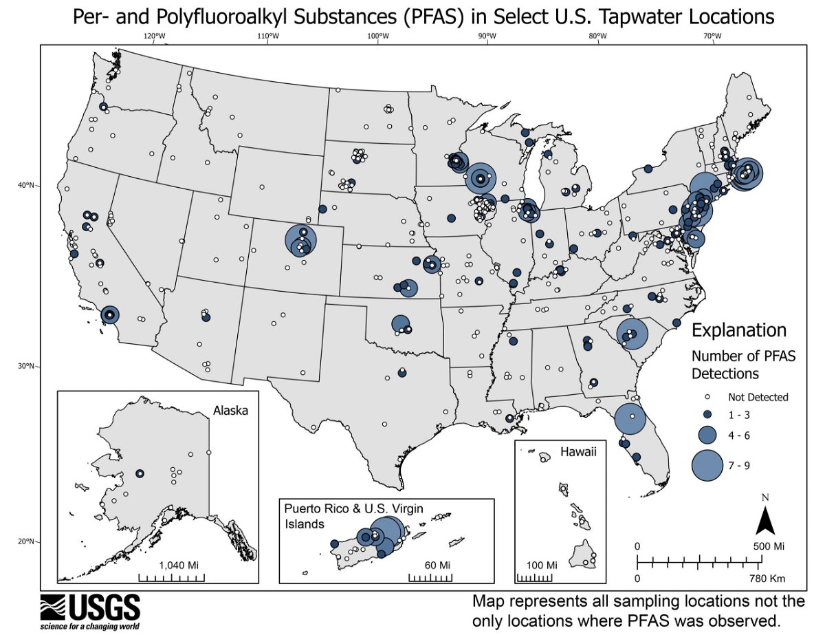<i>USGS</i><br/>This USGS map shows the number of PFAS detected in tap water samples from select sites across the nation. The findings are based on a USGS study of samples taken between 2016 and 2021 from private and public supplies at 716 locations. The map does not represent the only locations in the US with PFAS.