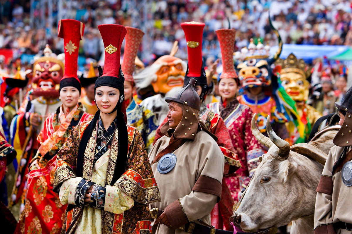 <i>Barry Lewis/Corbis/Getty Images</i><br/>A Genghis Khan actor takes center stage during the Naadam opening ceremony at Ulaanbaatar's National Stadium in 2006.