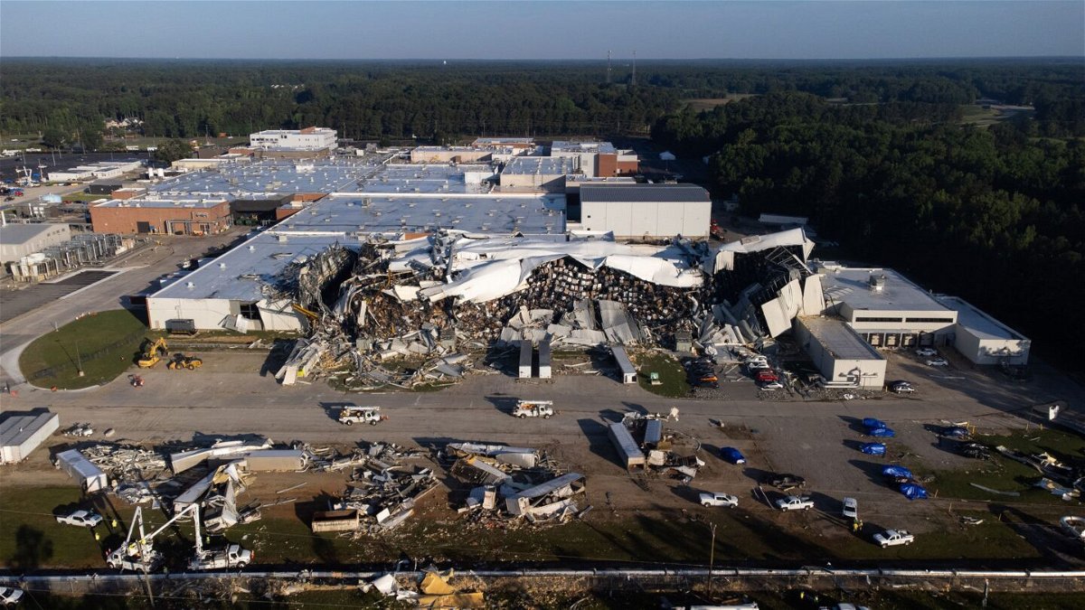 <i>Sean Rayford/Getty Images</i><br/>This aerial view shows Pfizer pharmaceutical factory after a tornado damaged the plant on July 21