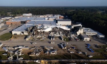 This aerial view shows Pfizer pharmaceutical factory after a tornado damaged the plant on July 21