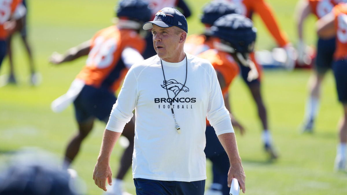 <i>David Zalubowski/AP</i><br/>Broncos head coach Sean Payton looks on during a training camp session at the team's headquarters this week.