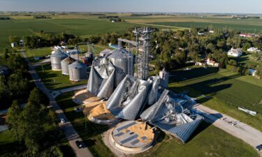 Damaged grain bins are seen here in August 2020 in Luther