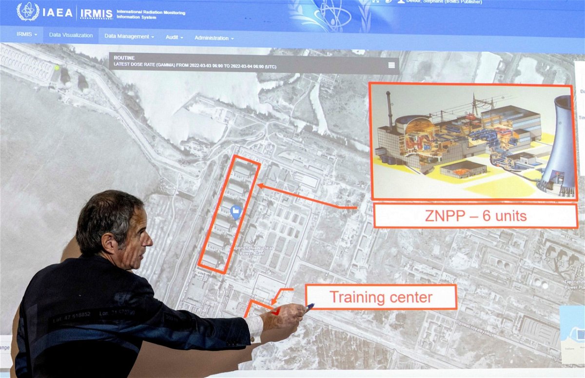 <i>Joe Klamar/AFP/Getty Images/File</i><br/>Rafael Grossi points on a map of the Zaporizhzhia nuclear power plant in March of 2022.