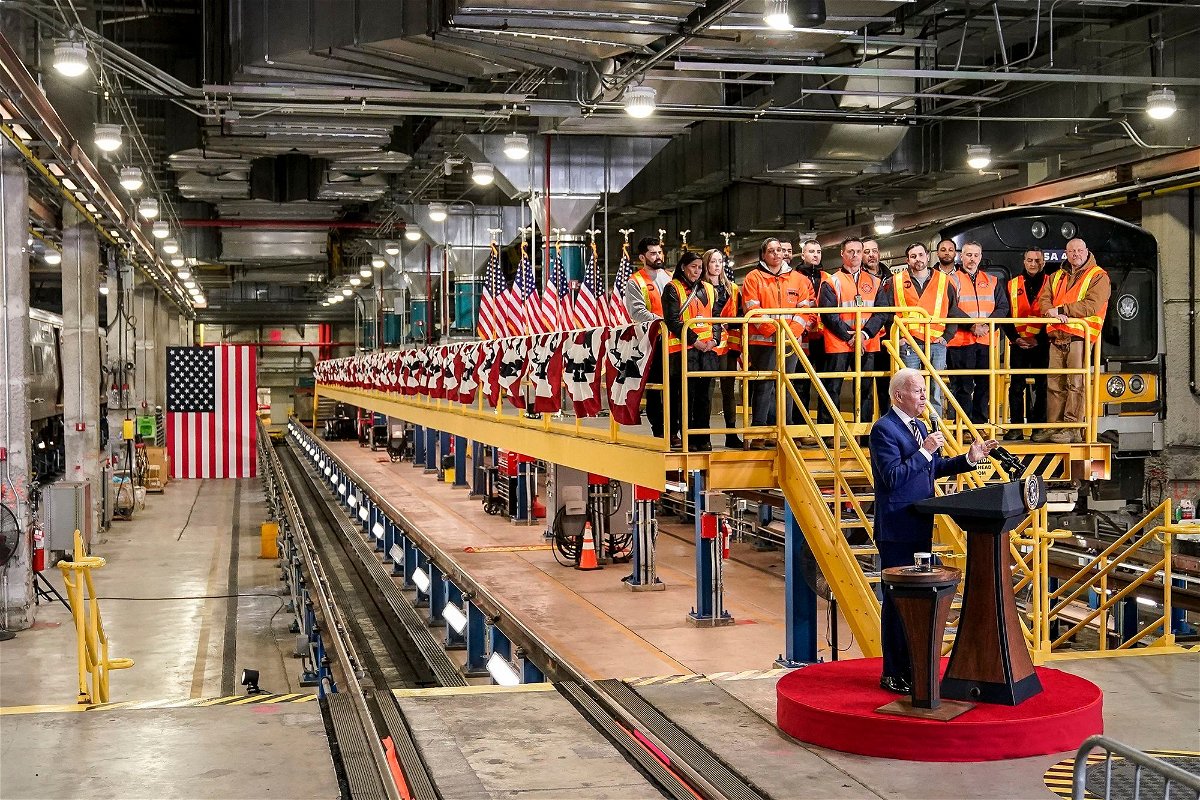 <i>John Minchillo/AP</i><br/>President Joe Biden speaks at the construction site of the Hudson Tunnel Project