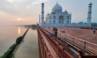 The flooded banks of the Yamuna River at the Taj Mahal in Agra