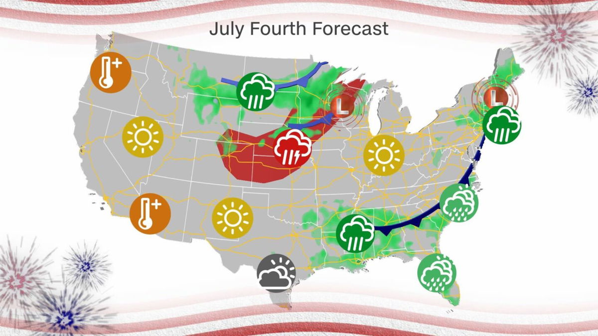 <i>CNN Weather</i><br/>Storms and heat across the country could cause issues for Fourth of July revelers.