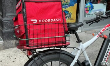A DoorDash delivery bike is seen in Manhattan. Food delivery platforms DoorDash