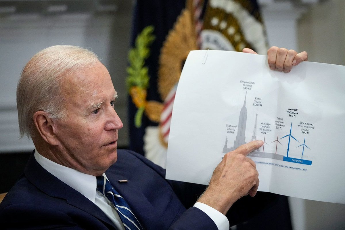 <i>Drew Angerer/Getty Images/FILE</i><br/>President Joe Biden points to a wind turbine size comparison chart during a meeting at the White House in June 2022. Sweeping climate commitments is an important goal for Biden.
