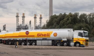 Gasoline tanker trucks parked outside the Shell Pernis refinery in Rotterdam