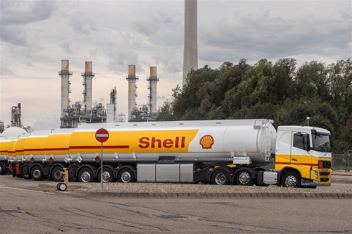 <i>Peter Boer/Bloomberg/Getty Images/File</i><br/>Gasoline tanker trucks parked outside the Shell Pernis refinery in Rotterdam