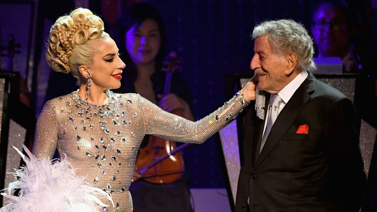 <i>Kevin Mazur/Getty Images</i><br/>Lady Gaga with Tony Bennett during her 'JAZZ & PIANO' residency at Park Theater at Park MGM in 2019 in Las Vegas.