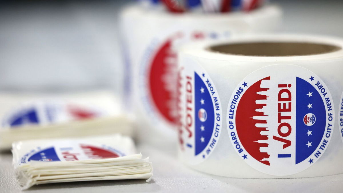 <i>Michael M. Santiago/Getty Images</i><br/>Voting stickers are seen during Primary Election Day at PS 130 on August 23