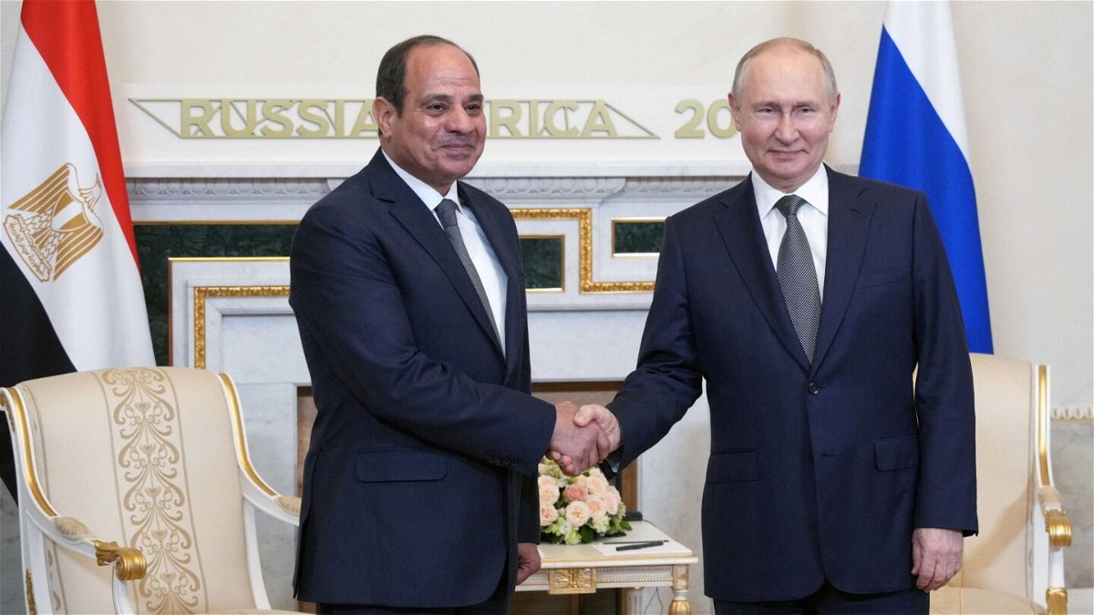 <i>Alexei Danichev/Sputnik/Pool/Reuters</i><br/>Russian President Vladimir Putin shakes hands with Egyptian President Abdel Fattah al-Sisi before a meeting on the sidelines of Russia-Africa summit in Saint Petersburg