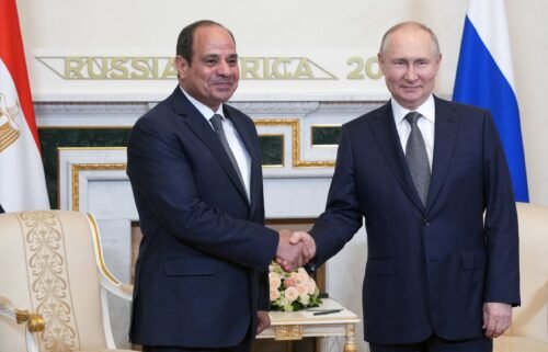 Russian President Vladimir Putin shakes hands with Egyptian President Abdel Fattah al-Sisi before a meeting on the sidelines of Russia-Africa summit in Saint Petersburg