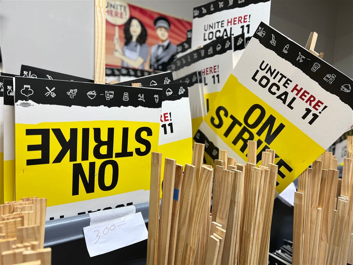 <i>Unite Here Local 11</i><br/>Picket signs are stacked in preparation for a strike Saturday morning at 65 major hotels in Los Angeles and Orange counties in Southern California.