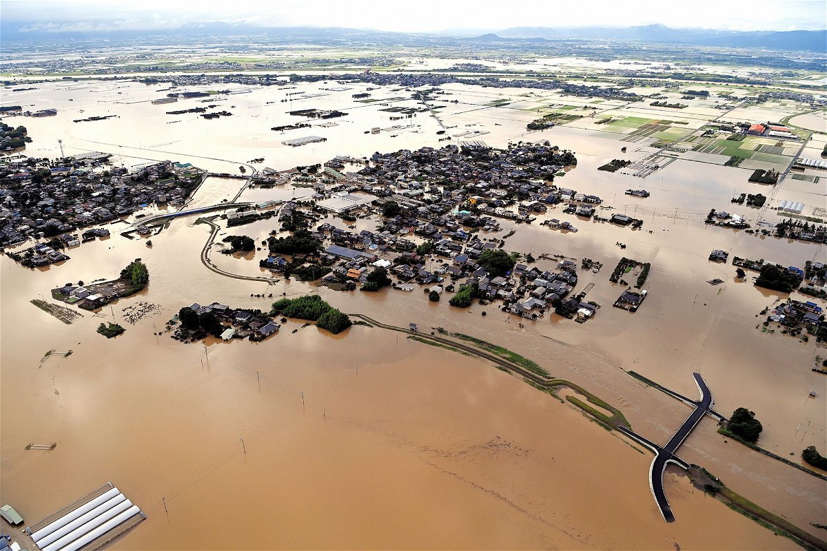 <i>The Asahi Shimbun/Getty Images</i><br/>Ohashi Elementary School and the surrounding area are inundated after the Kosegawa River flooded following torrential rain on July 10