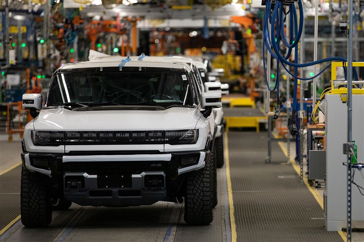 <i>Emily Elconin/Bloomberg/Getty Images</i><br/>GMC Hummer electric vehicles on the production line at General Motors' assembly plant in Detroit.