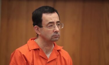 Larry Nassar stands as he is sentenced for three counts of criminal sexual assault on February 5
