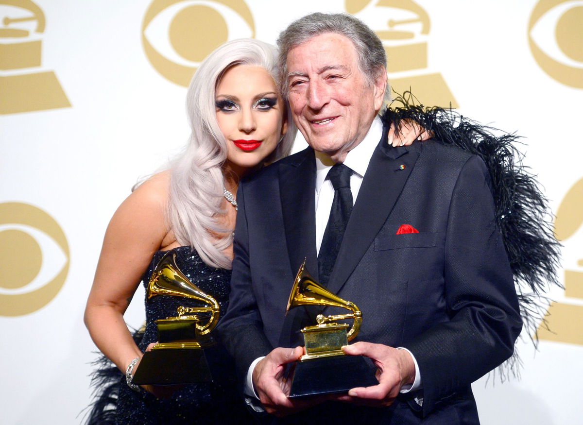 <i>Frazer Harrison/Getty Images</i><br/>Lady Gaga and Tony Bennett pose with their Grammys for their 2014 album 