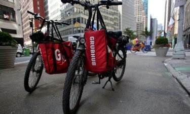 Bikes with Grubhub bags sit on the street on July 7 in New York City.  A judge has blocked New York City’s minimum wage law for food delivery workers from going into effect on July 12.