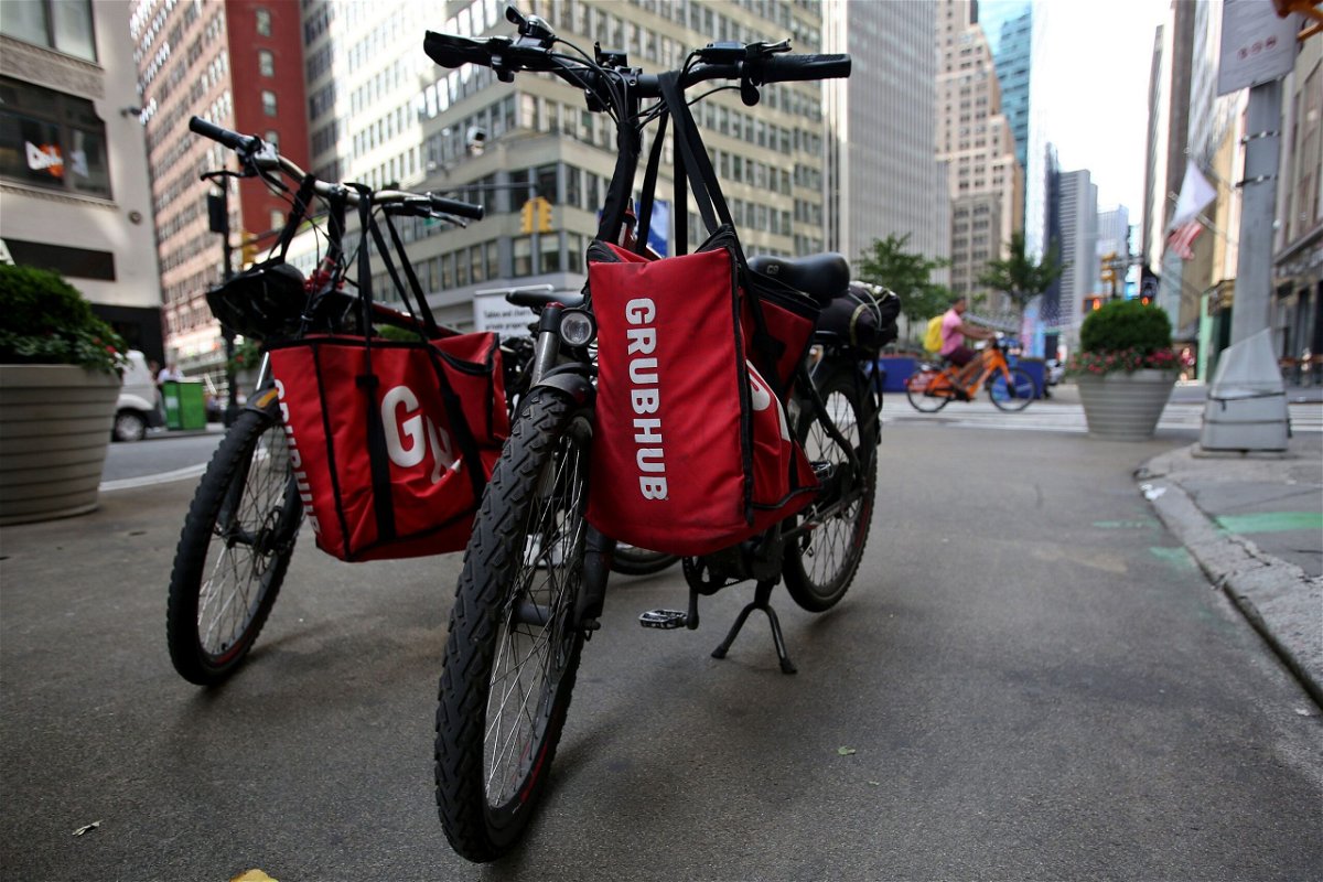 <i>Leonardo Munoz/VIEWpress/Corbis News/Getty Images</i><br/>Bikes with Grubhub bags sit on the street on July 7 in New York City.  A judge has blocked New York City’s minimum wage law for food delivery workers from going into effect on July 12.