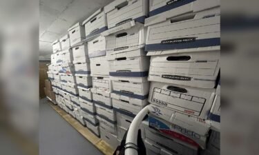 Boxes are stacked in the storage room