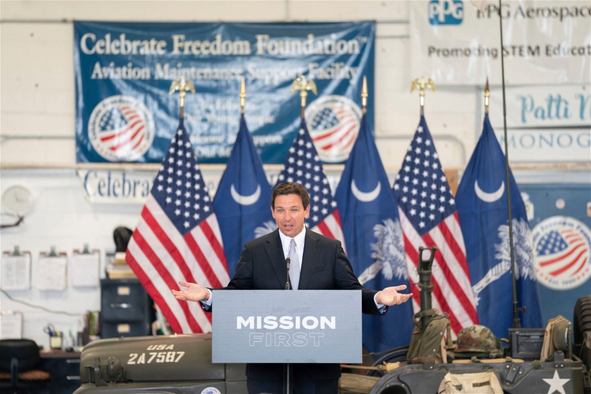 <i>Sean Rayford/AP</i><br/>Florida Governor and Republican presidential candidate Ron DeSantis speaks during a press conference at the Celebrate Freedom Foundation Hangar in West Columbia