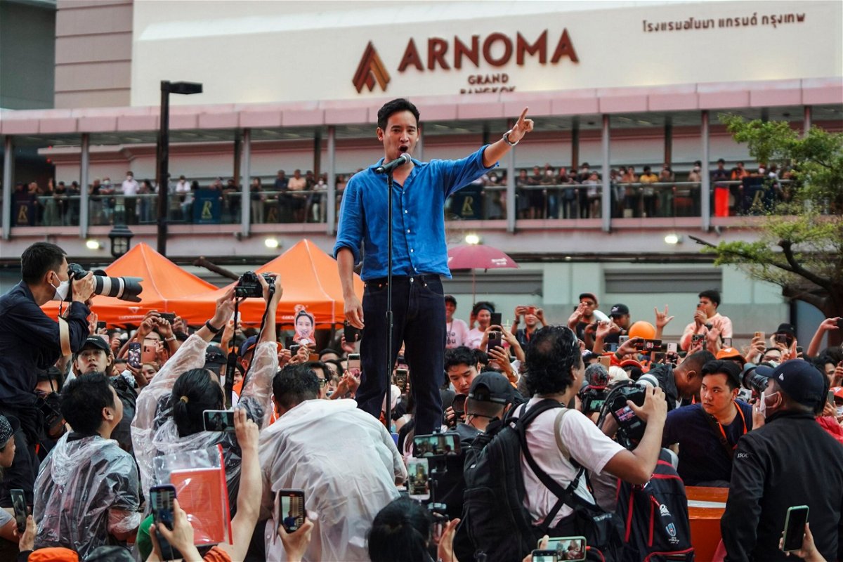 <i>Anusak Laowilas/NurPhoto/AP</i><br/>The Move Forward party's leader and prime ministerial candidate Pita Limjaroenrat speaks to supporters during a rally in Bangkok