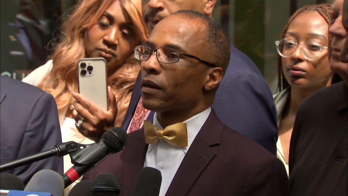 <i>WLS</i><br/>Abdul Muhammad speaks during a news conference on July 7 in Chicago. Activists in Chicago are calling for an investigation after Chicago Public Schools fired at least seven of the district’s Black principals over the 2022-2023 school year.