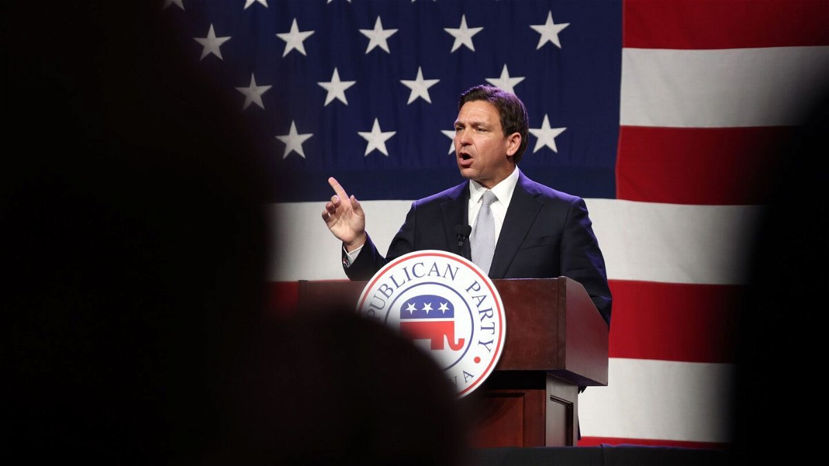 <i>Scott Olson/Getty Images</i><br/>Republican presidential candidate Florida Gov. Ron DeSantis speaks to guests at the Republican Party of Iowa 2023 Lincoln Dinner on July 28