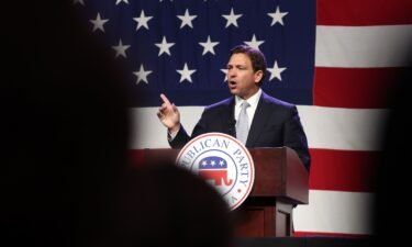 Republican presidential candidate Florida Gov. Ron DeSantis speaks to guests at the Republican Party of Iowa 2023 Lincoln Dinner on July 28
